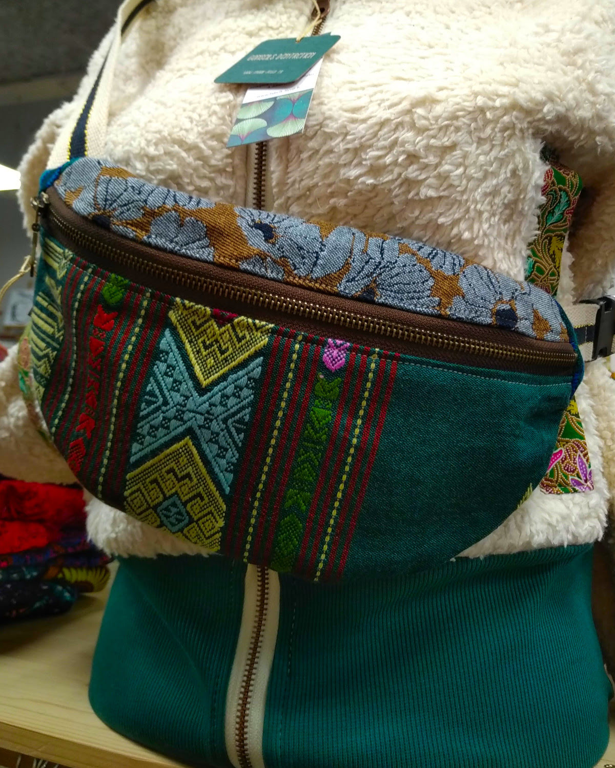 Sac banane fleuri et graphique en coton ethnique jaune et bleu