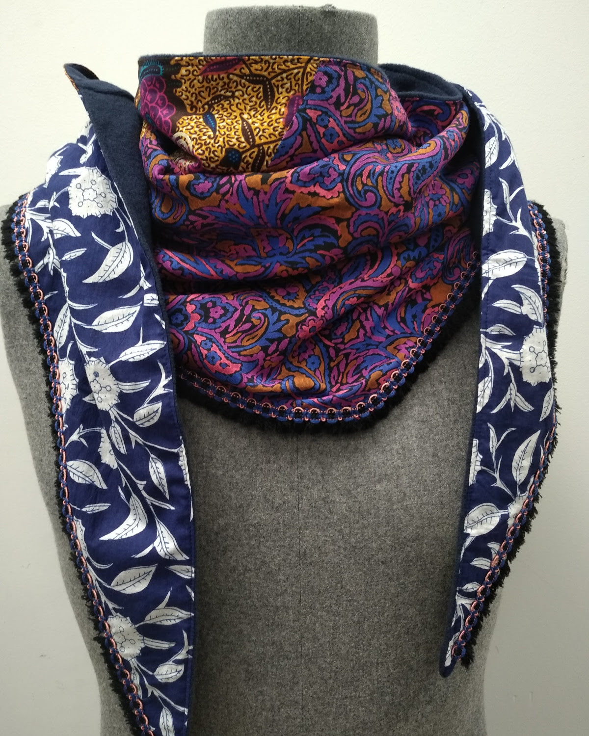 Chèche écharpe triangle coton et viscose, wax, indien, motif ethnique et bohème, création artisanale française